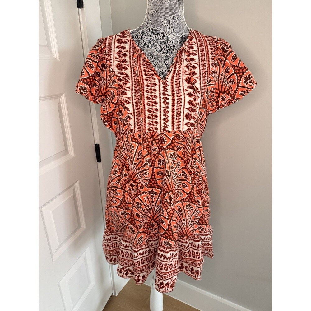 Knox Rose Women's Dress Medium Orange Floral Ruffle Short Sleeve Tie Neck Boho